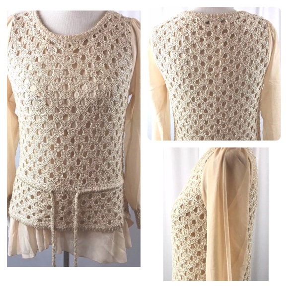 John Fashion Tan Ivory Knit Chiffon Top BB32 - Picture 1 of 8